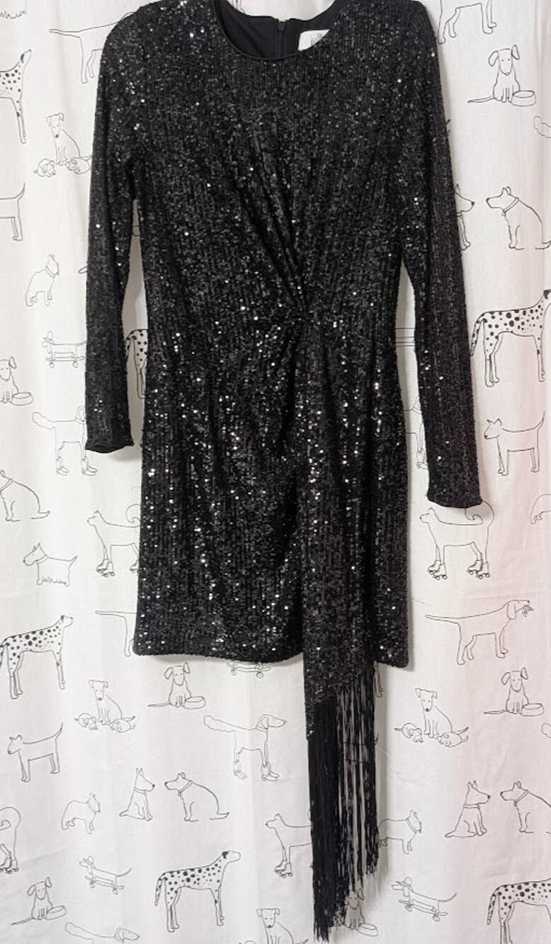 Belle Badgley Mischka Dress Womens 4 Black Sequins Sheath Fringe Whimsygoth Glam